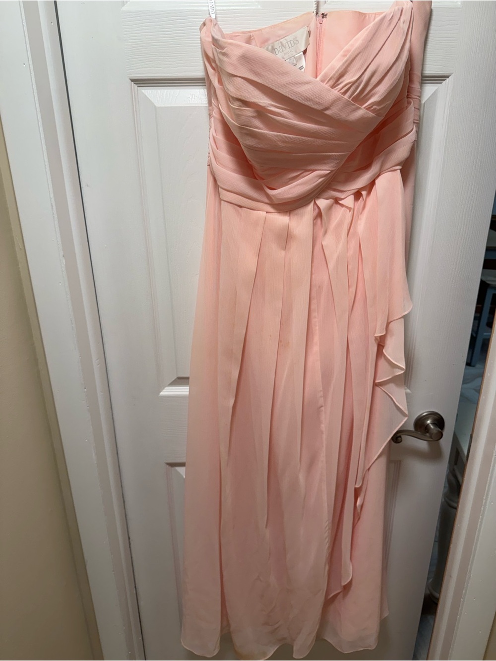 David's Bridal Strapless Sweetheart Chiffon Gown in Blush Pink